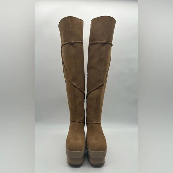 UGG Tall Suede Platform Shearling Lined Chunky Heel Boots Brown Size 7.5 - Picture 2 of 12